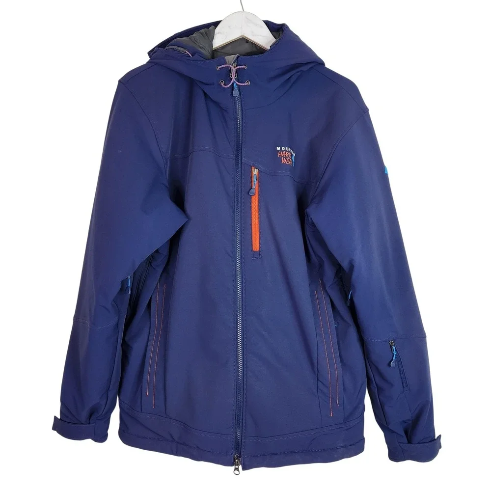 MOUNTAIN HARDWEAR Cutaway Jacket Mens Large Blue Insulated Softshell Hooded Ski